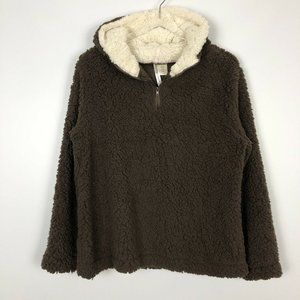 NEW Forgotten Grace Hooded Quarter Zip Faux Shearling Sherpa Pullover Brown S